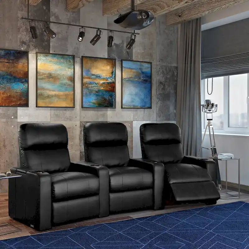 Sièges de cinéma maison en cuir reconstitué noir, rangée de 3