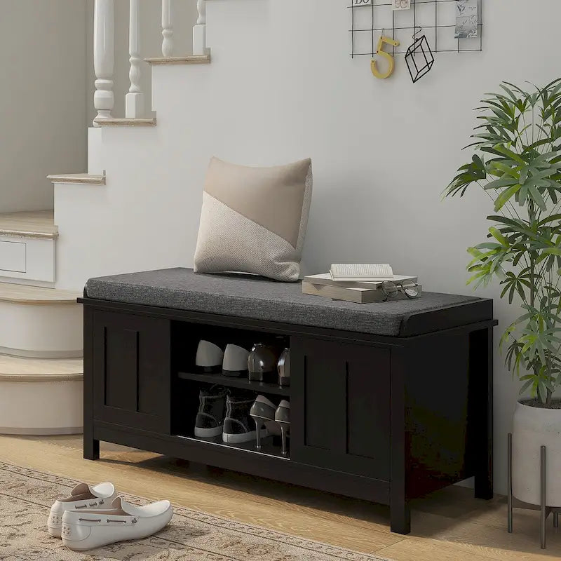 Banc d'entrée noir avec portes coulissantes et étagères réglables — 1 personne