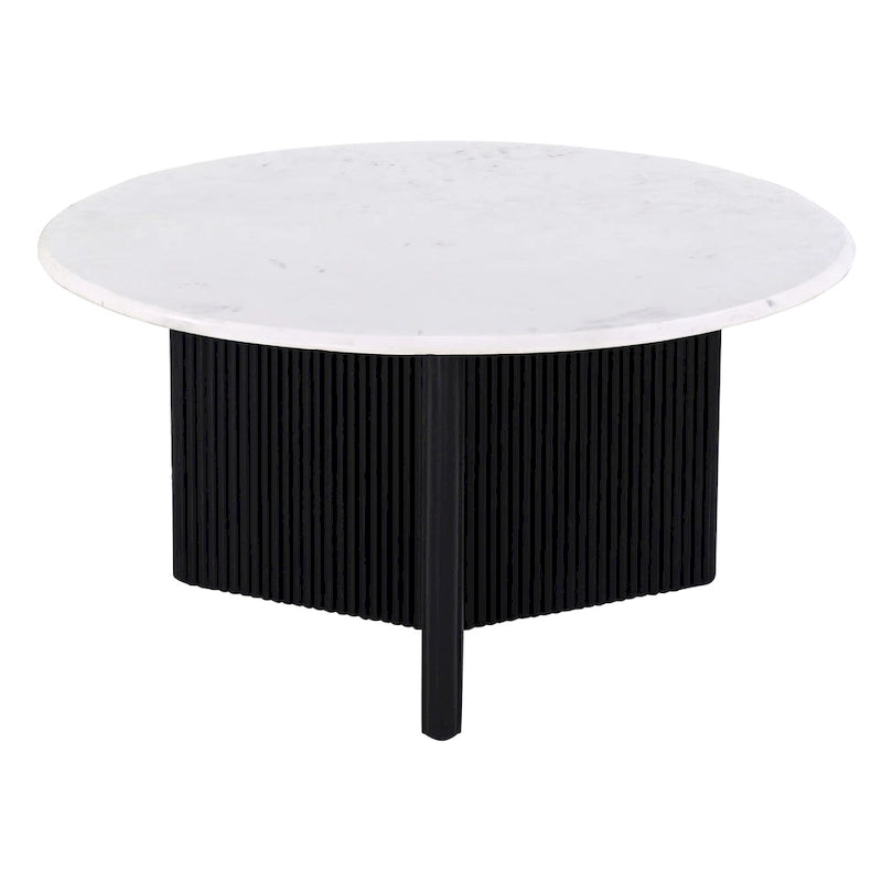 Table basse socle plateau marbre blanc, piètement bois noir, 1 pièce