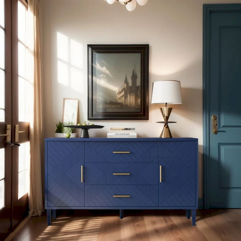 Buffet 2 portes 3 tiroirs bleu marine avec détails sculptés