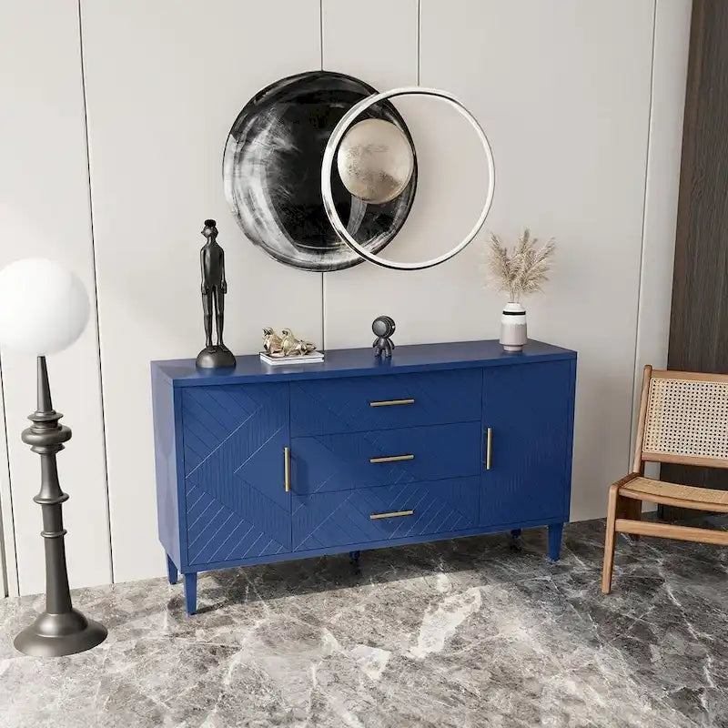 Buffet 2 portes 3 tiroirs bleu marine avec détails sculptés