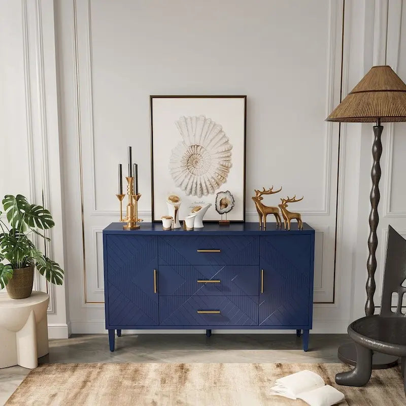 Buffet 2 portes 3 tiroirs bleu marine avec détails sculptés