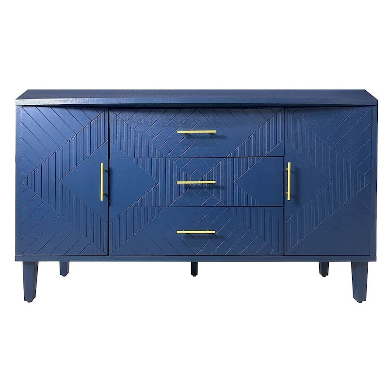 Buffet 2 portes 3 tiroirs bleu marine avec détails sculptés