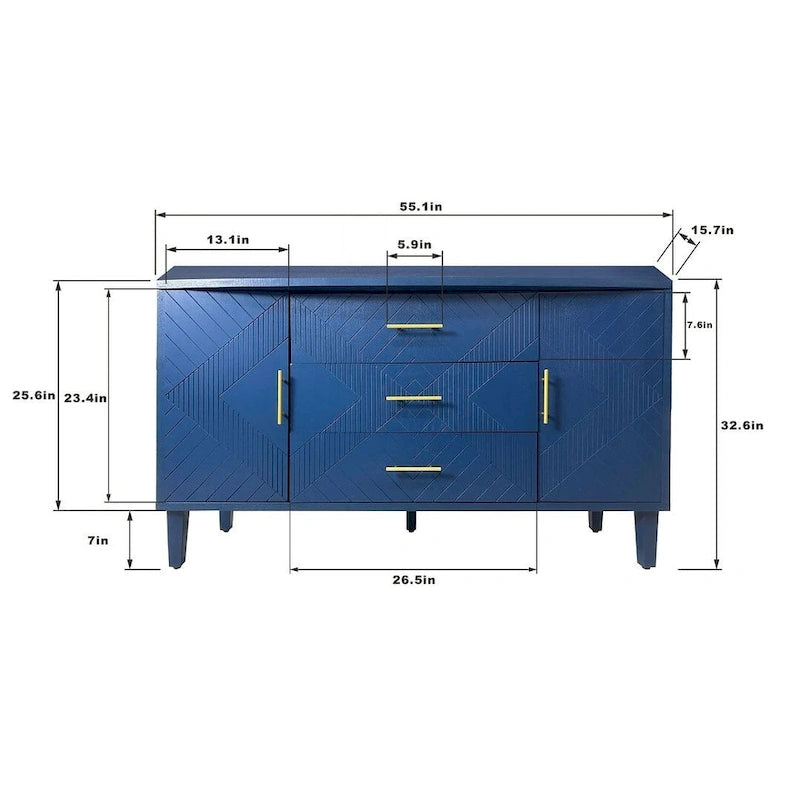 Buffet 2 portes 3 tiroirs bleu marine avec détails sculptés