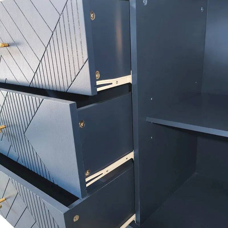 Buffet 2 portes 3 tiroirs bleu marine avec détails sculptés