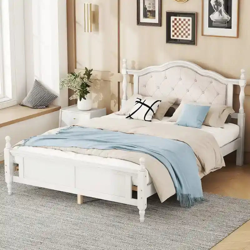 Lit Queen Size, tête de lit et pied de lit rembourrés, blanc/cerisier, pour 2
