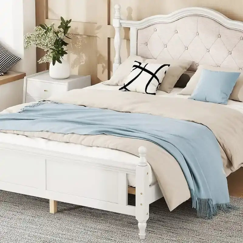 Lit Queen Size, tête de lit et pied de lit rembourrés, blanc/cerisier, pour 2
