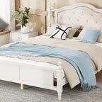 Lit Queen Size, tête de lit et pied de lit rembourrés, blanc/cerisier, pour 2