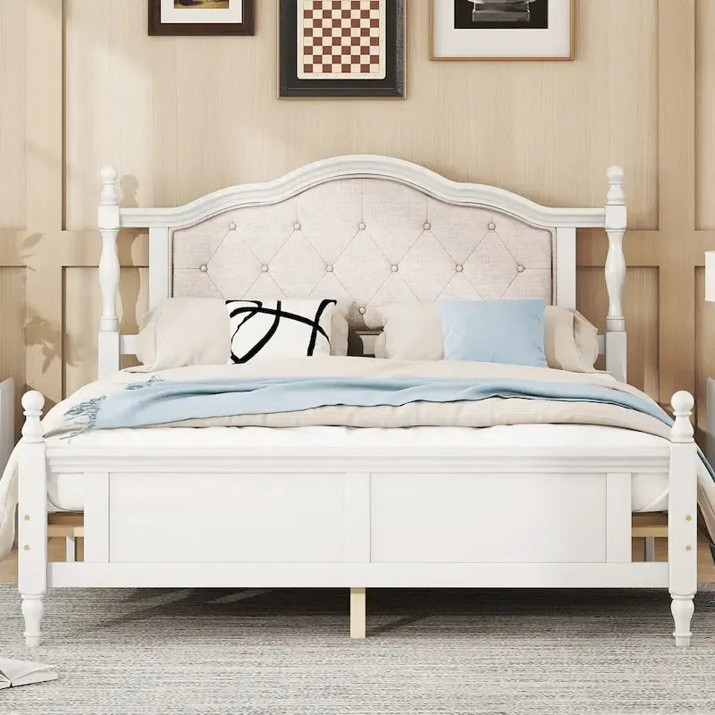 Lit Queen Size, tête de lit et pied de lit rembourrés, blanc/cerisier, pour 2