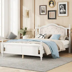 Lit Queen Size, tête de lit et pied de lit rembourrés, blanc/cerisier, pour 2