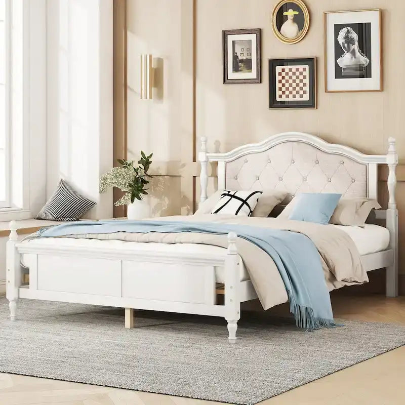 Lit Queen Size, tête de lit et pied de lit rembourrés, blanc/cerisier, pour 2
