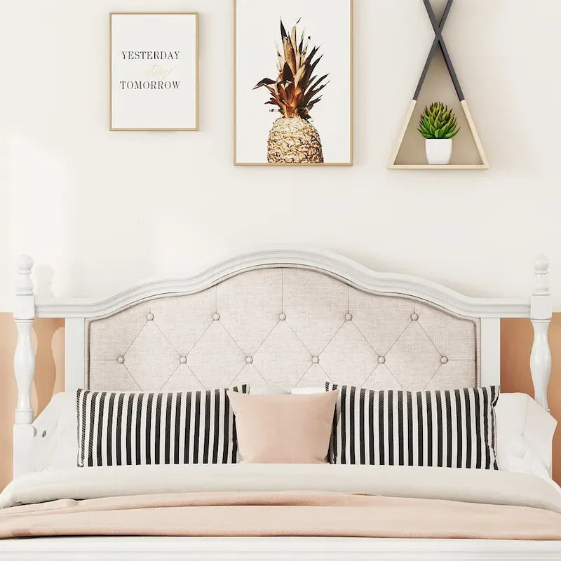 Lit Queen Size, tête de lit et pied de lit rembourrés, blanc/cerisier, pour 2