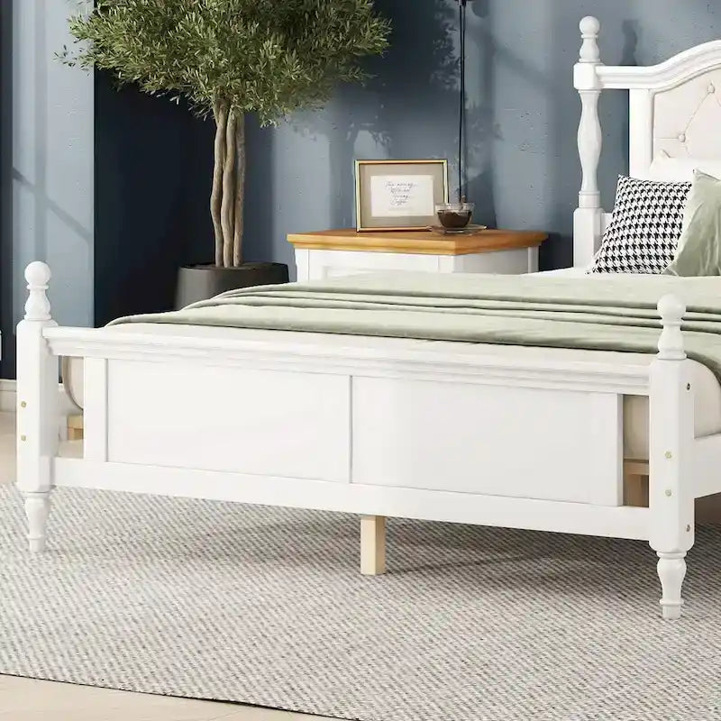Lit Queen Size, tête de lit et pied de lit rembourrés, blanc/cerisier, pour 2