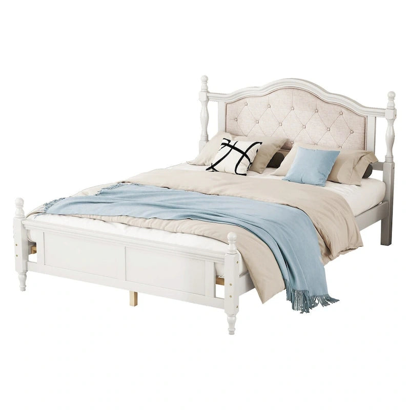 Lit Queen Size, tête de lit et pied de lit rembourrés, blanc/cerisier, pour 2