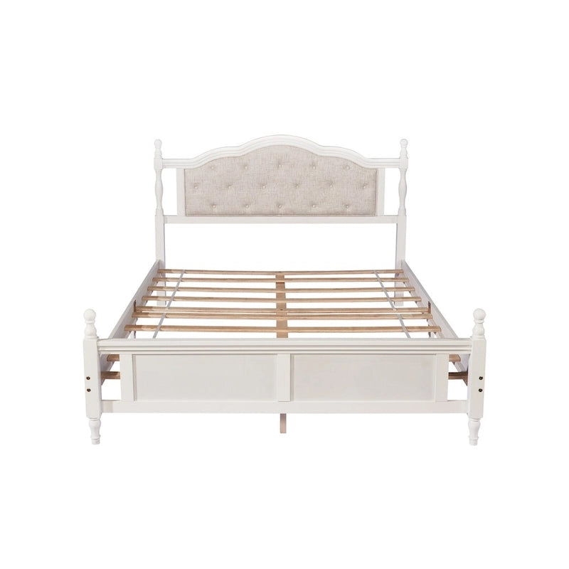 Lit Queen Size, tête de lit et pied de lit rembourrés, blanc/cerisier, pour 2