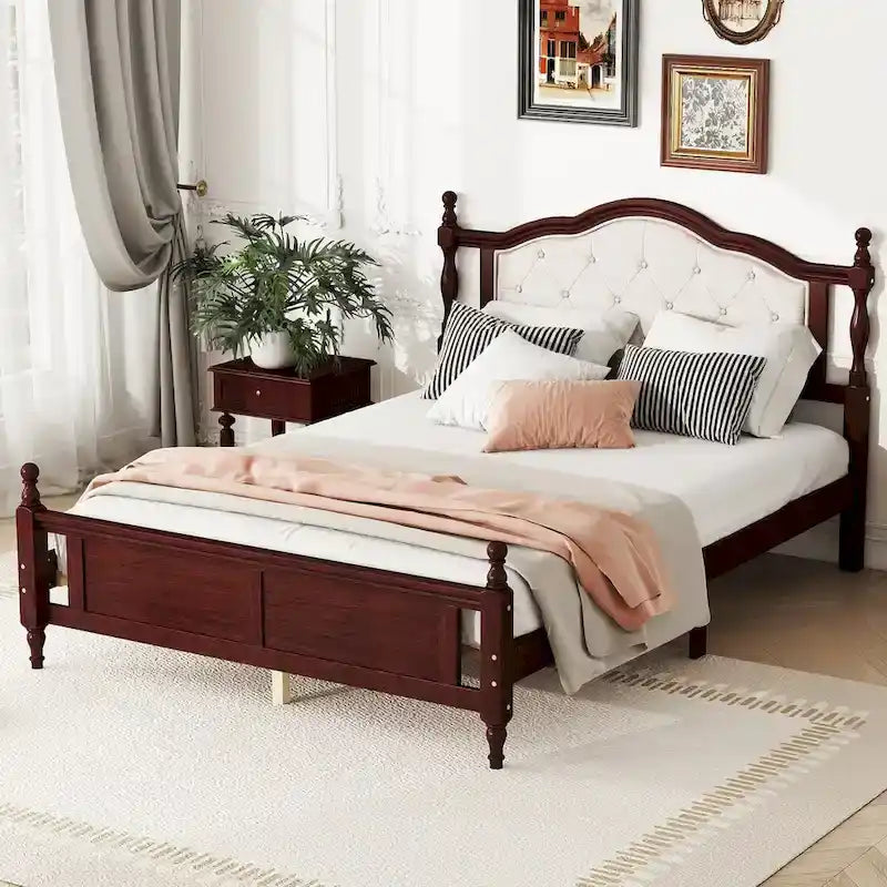Lit Queen Size, tête de lit et pied de lit rembourrés, blanc/cerisier, pour 2