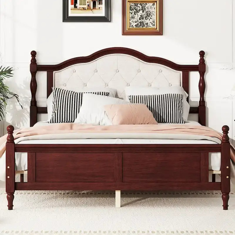 Lit Queen Size, tête de lit et pied de lit rembourrés, blanc/cerisier, pour 2