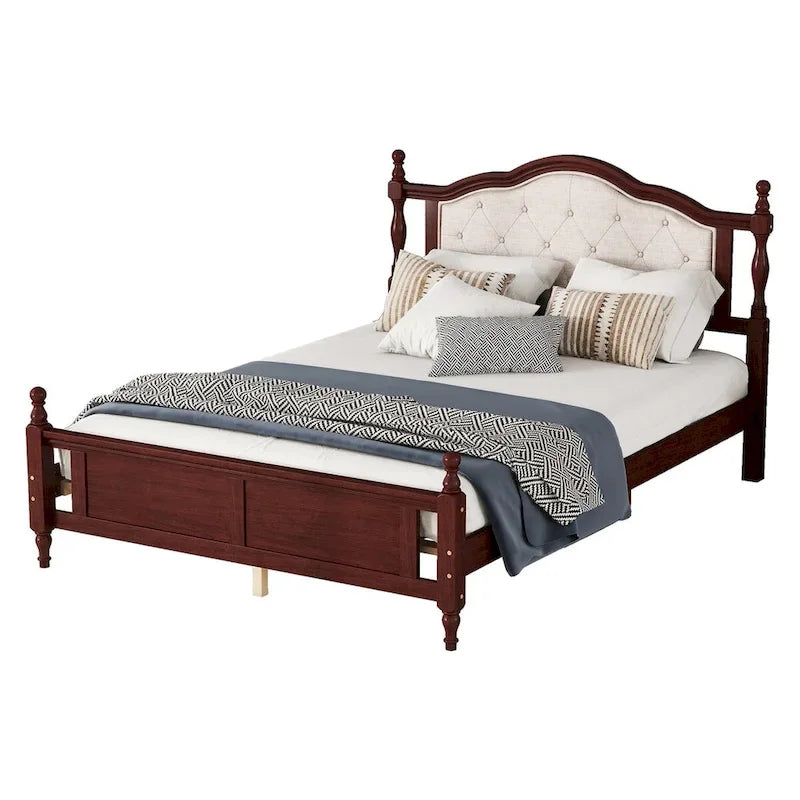 Lit Queen Size, tête de lit et pied de lit rembourrés, blanc/cerisier, pour 2