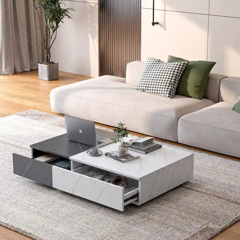 Table basse finition marbre blanc et noir avec 2 étagères de rangement