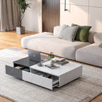Table basse finition marbre blanc et noir avec 2 étagères de rangement