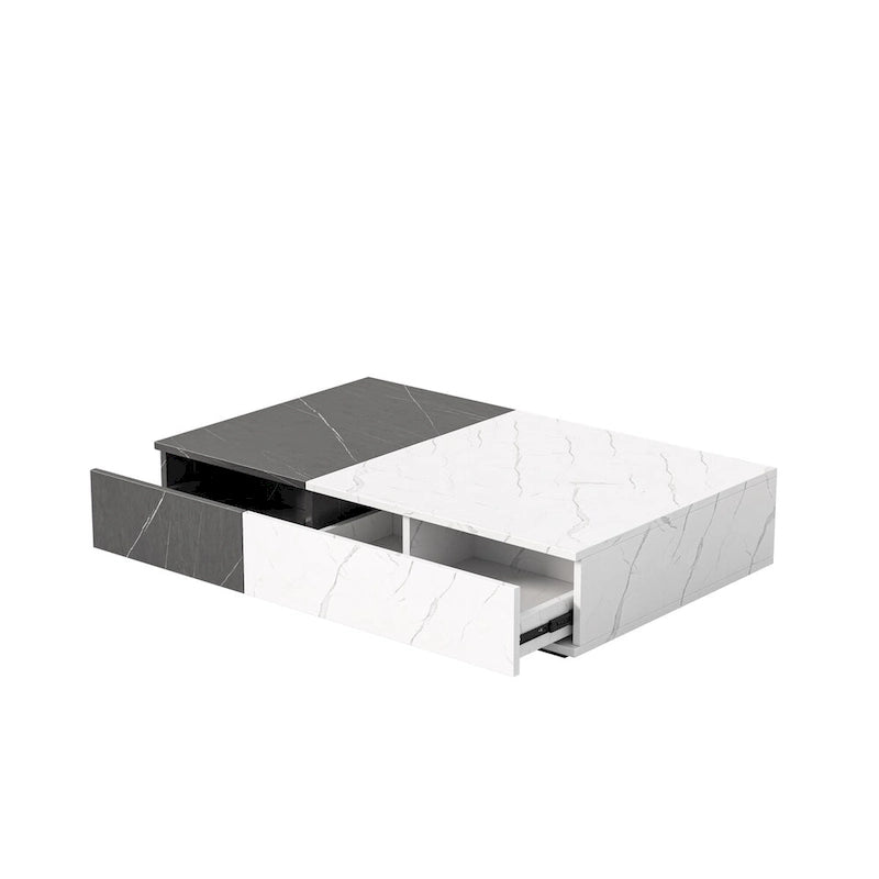 Table basse finition marbre blanc et noir avec 2 étagères de rangement