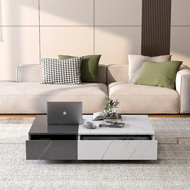 Table basse finition marbre blanc et noir avec 2 étagères de rangement