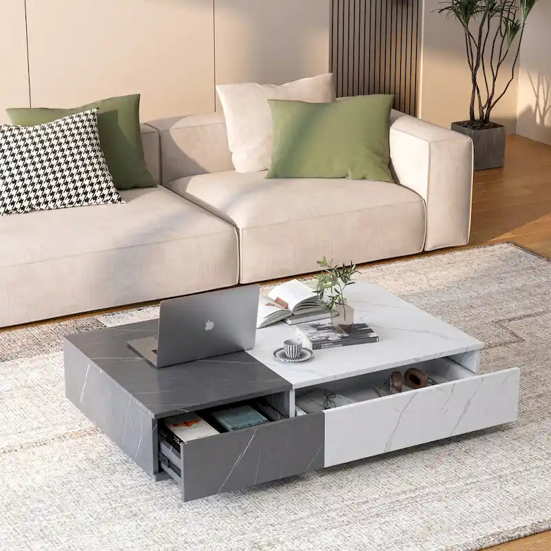 Table basse finition marbre blanc et noir avec 2 étagères de rangement