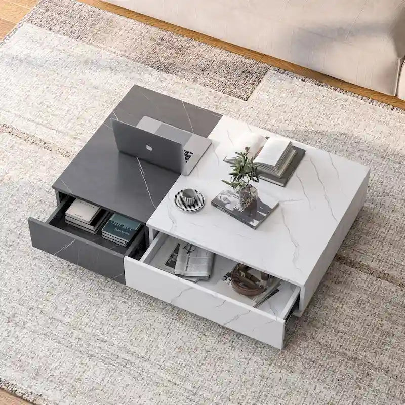 Table basse finition marbre blanc et noir avec 2 étagères de rangement