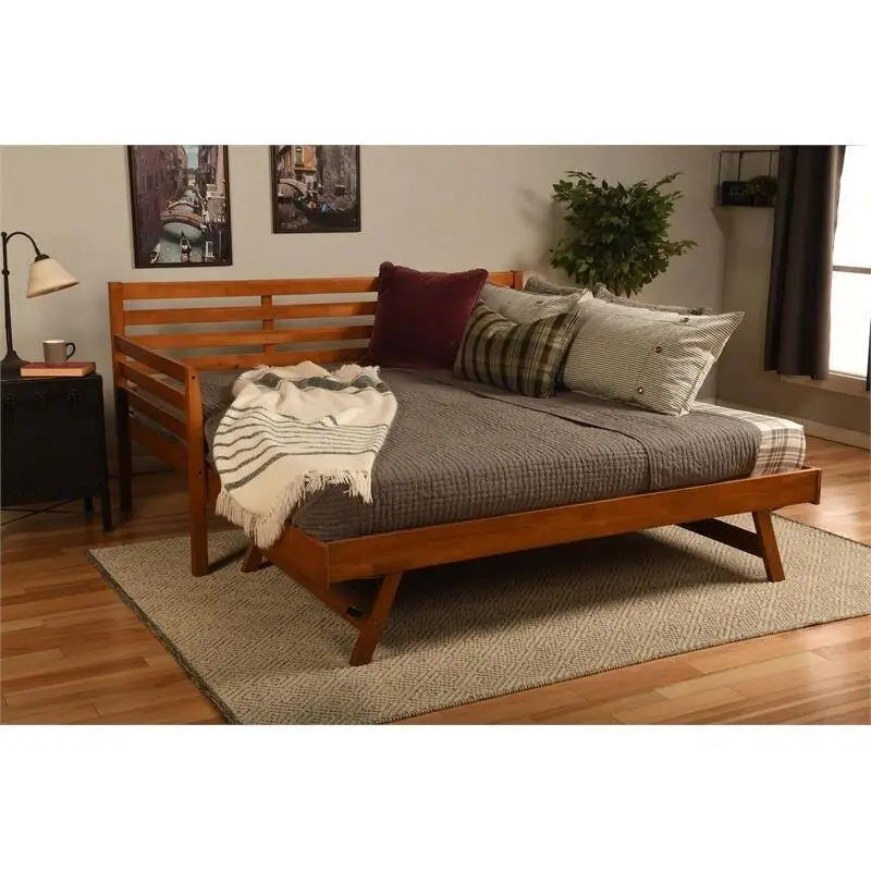 Lit de repos en bois massif marron/noyer/blanc avec lit gigogne relevable, pour 1 à 2 personnes