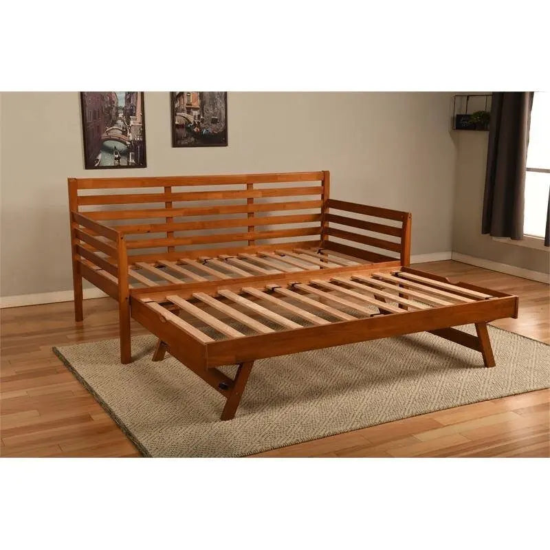 Lit de repos en bois massif marron/noyer/blanc avec lit gigogne relevable, pour 1 à 2 personnes