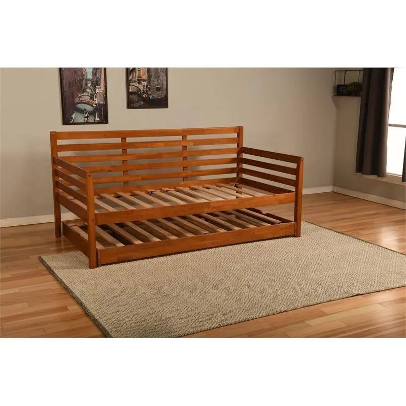 Lit de repos en bois massif marron/noyer/blanc avec lit gigogne relevable, pour 1 à 2 personnes