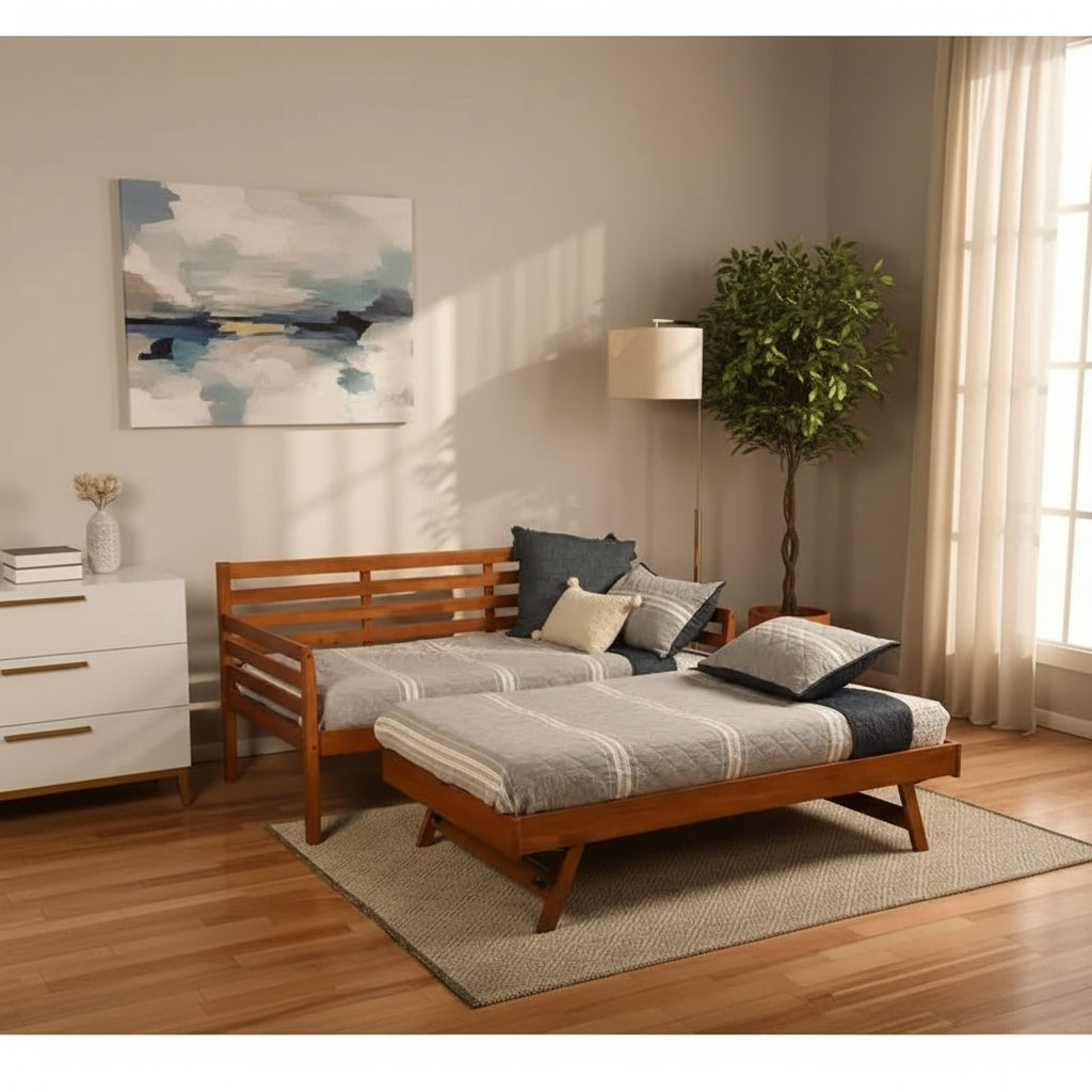 Lit de repos en bois massif marron/noyer/blanc avec lit gigogne relevable, pour 1 à 2 personnes